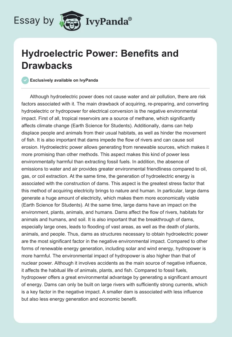 Hydroelectric Power: Benefits and Drawbacks. Page 1