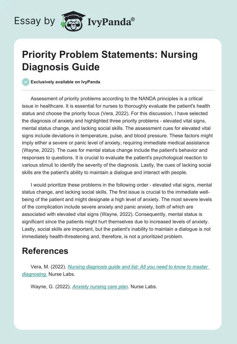 Priority Problem Statements: Nursing Diagnosis Guide. Page 1