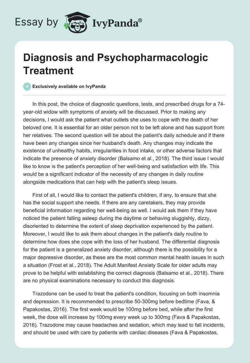 Diagnosis and Psychopharmacologic Treatment. Page 1