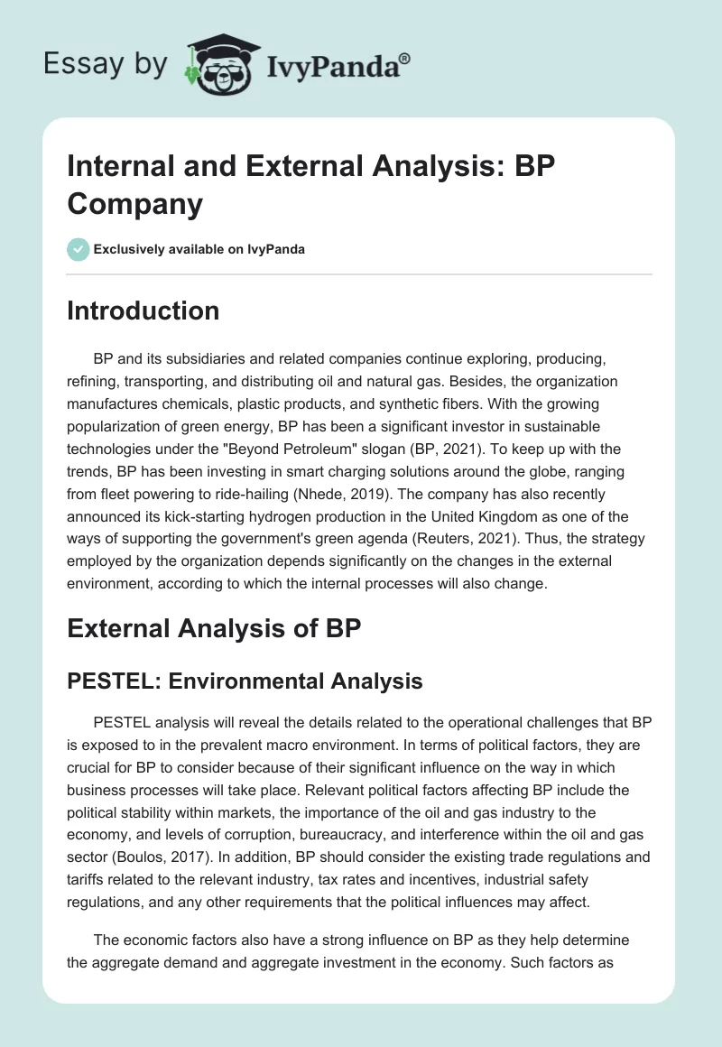 Internal and External Analysis: BP Company. Page 1