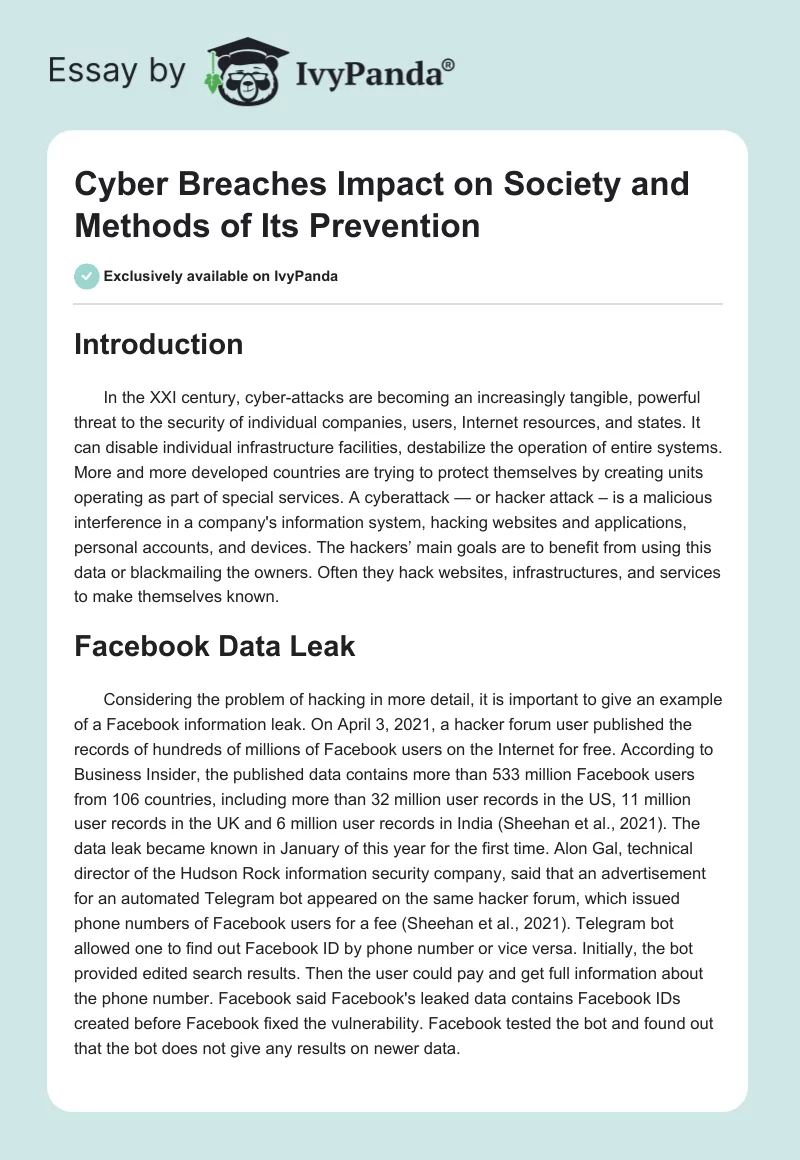Cyber Breaches Impact on Society and Methods of Its Prevention. Page 1