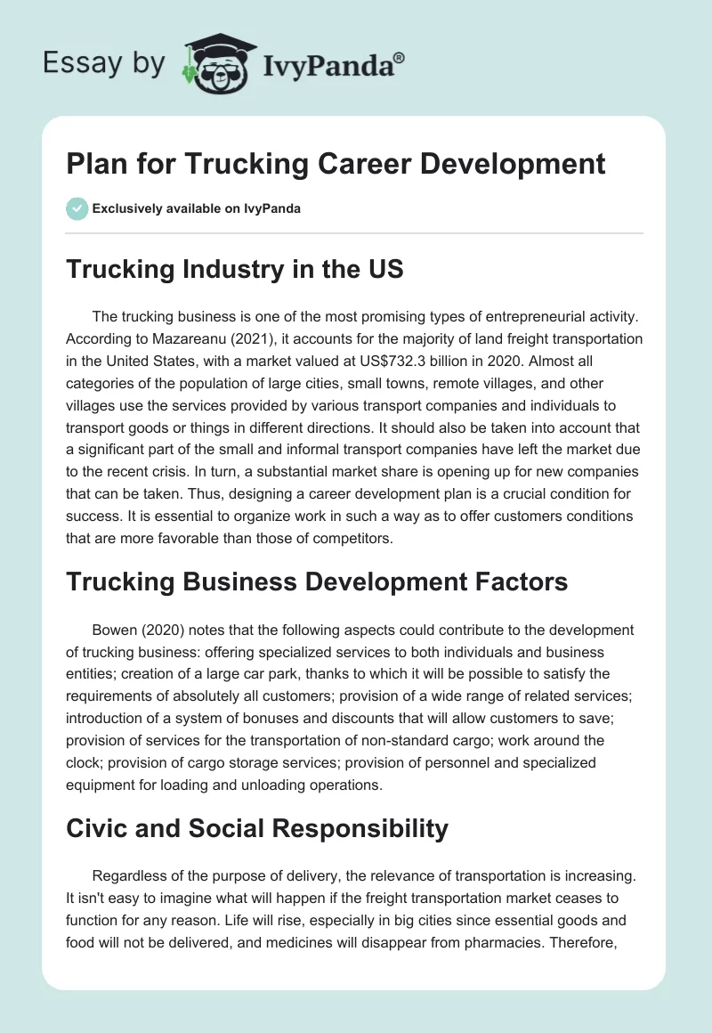 Plan for Trucking Career Development. Page 1