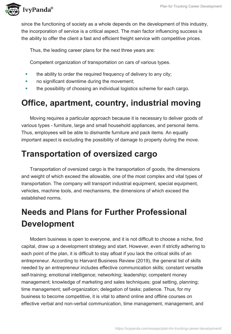 Plan for Trucking Career Development. Page 2