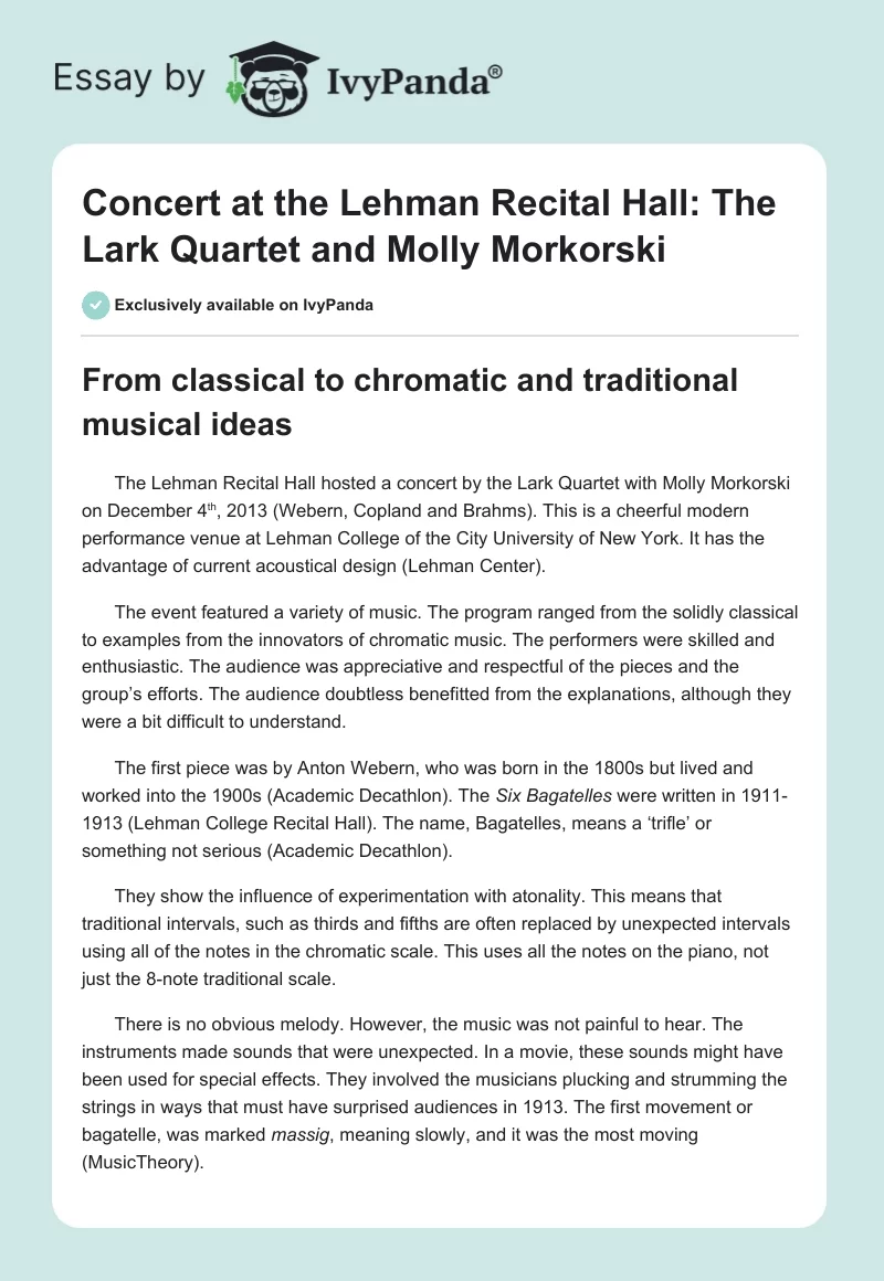Concert at the Lehman Recital Hall: The Lark Quartet and Molly Morkorski. Page 1
