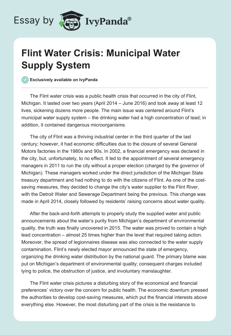 Flint Water Crisis: Municipal Water Supply System. Page 1