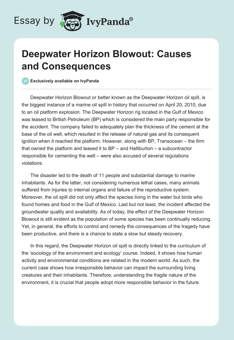Deepwater Horizon Blowout: Causes and Consequences. Page 1