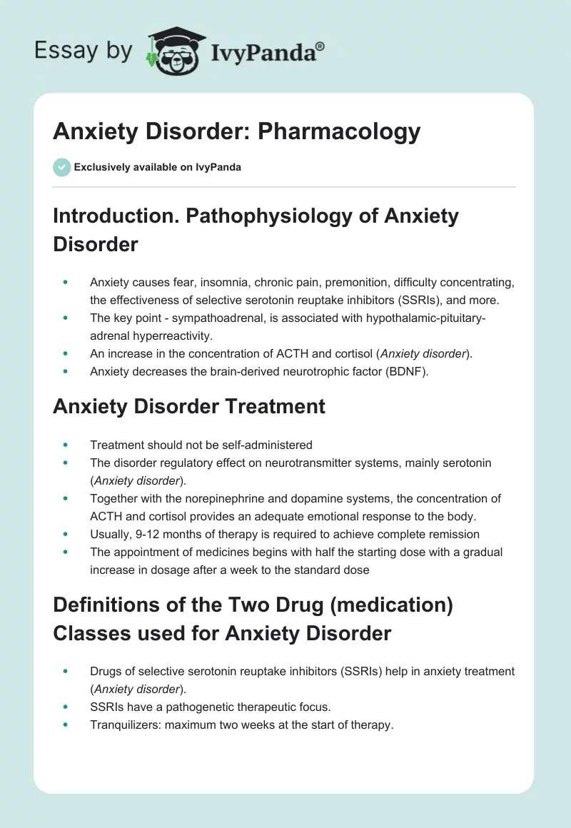 Anxiety Disorder: Pharmacology. Page 1