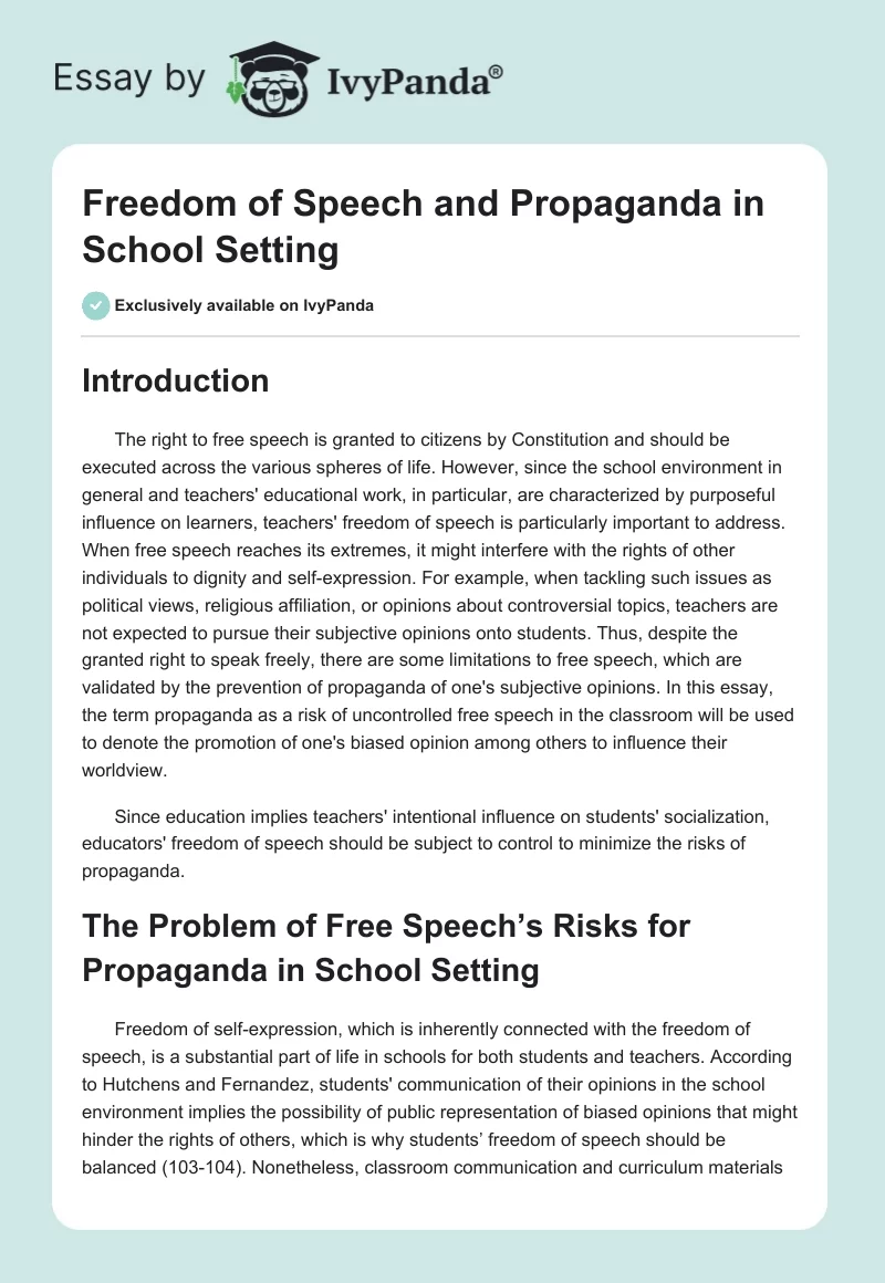 Freedom of Speech and Propaganda in School Setting. Page 1