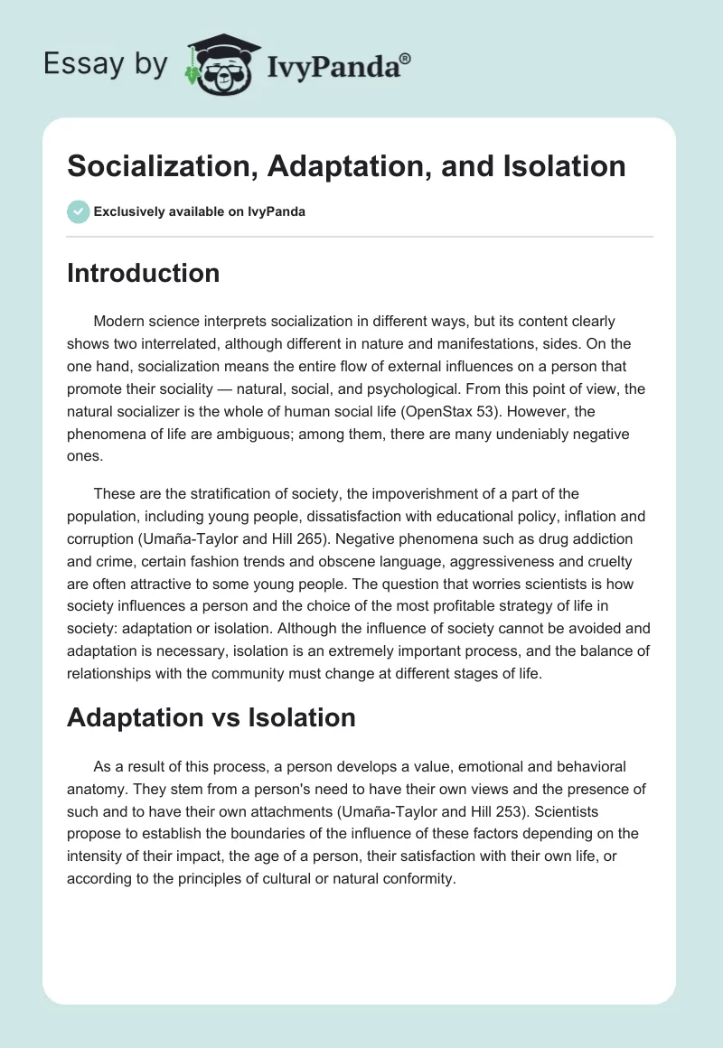 Socialization, Adaptation, and Isolation. Page 1