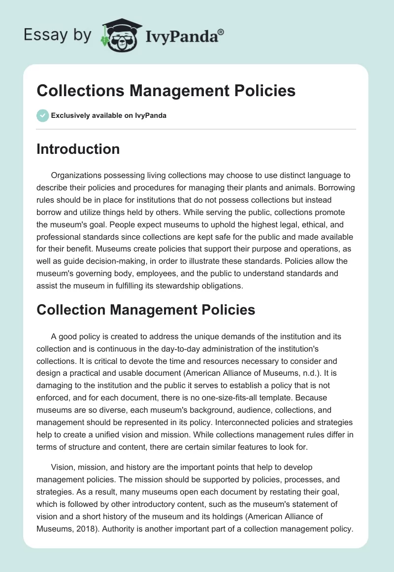 Collections Management Policies. Page 1