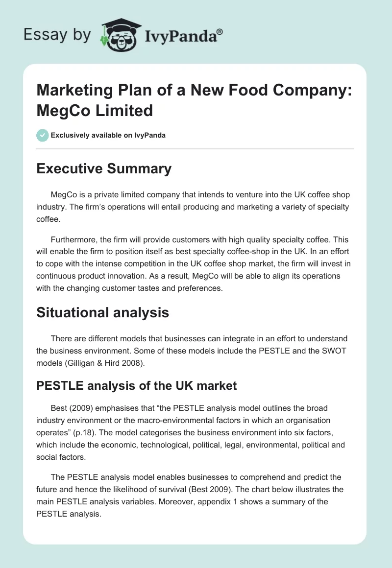 Marketing Plan of a New Food Company: MegCo Limited. Page 1