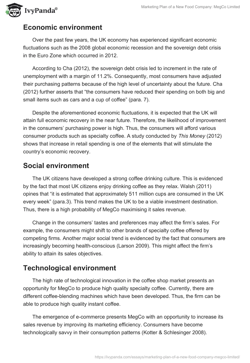 Marketing Plan of a New Food Company: MegCo Limited. Page 3