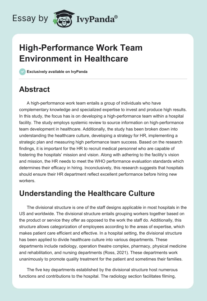 High-Performance Work Team Environment in Healthcare. Page 1