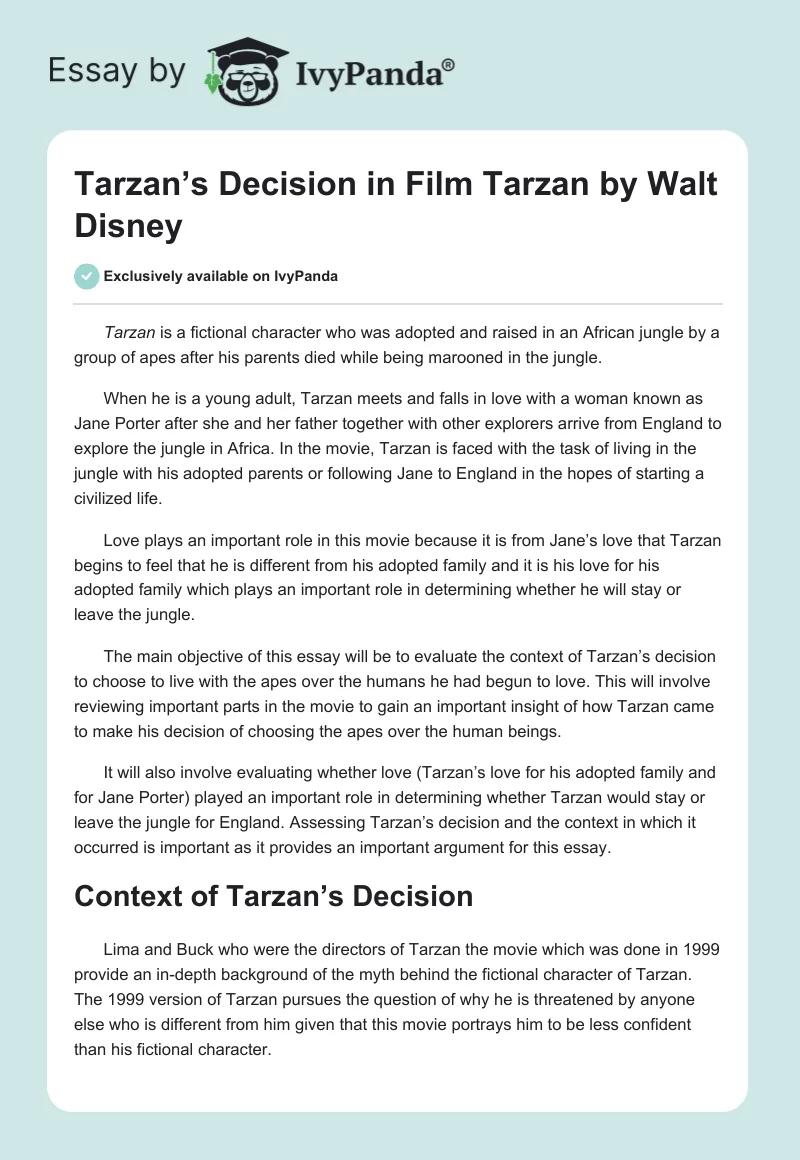 Tarzan’s Decision in Film "Tarzan" by Walt Disney. Page 1