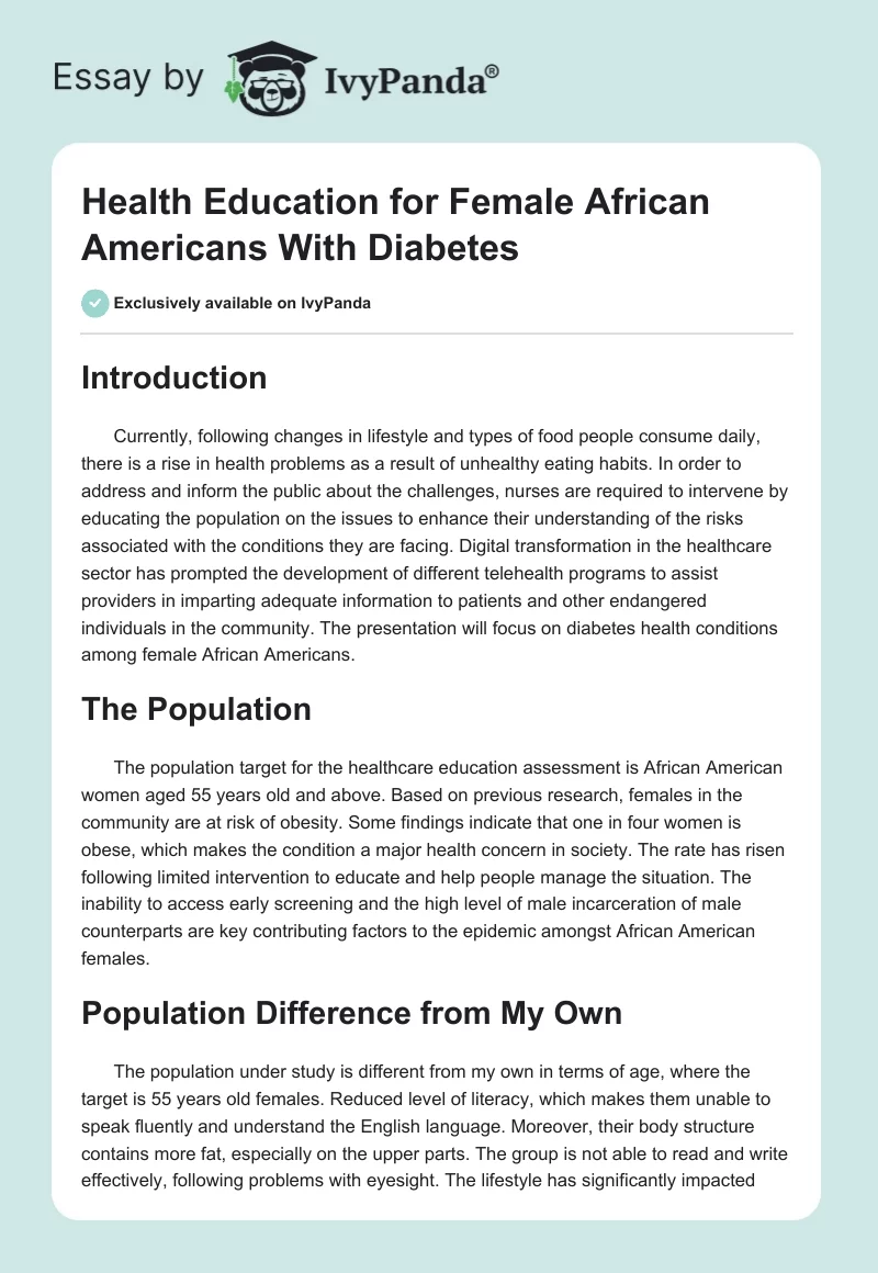 Health Education for Female African Americans With Diabetes. Page 1