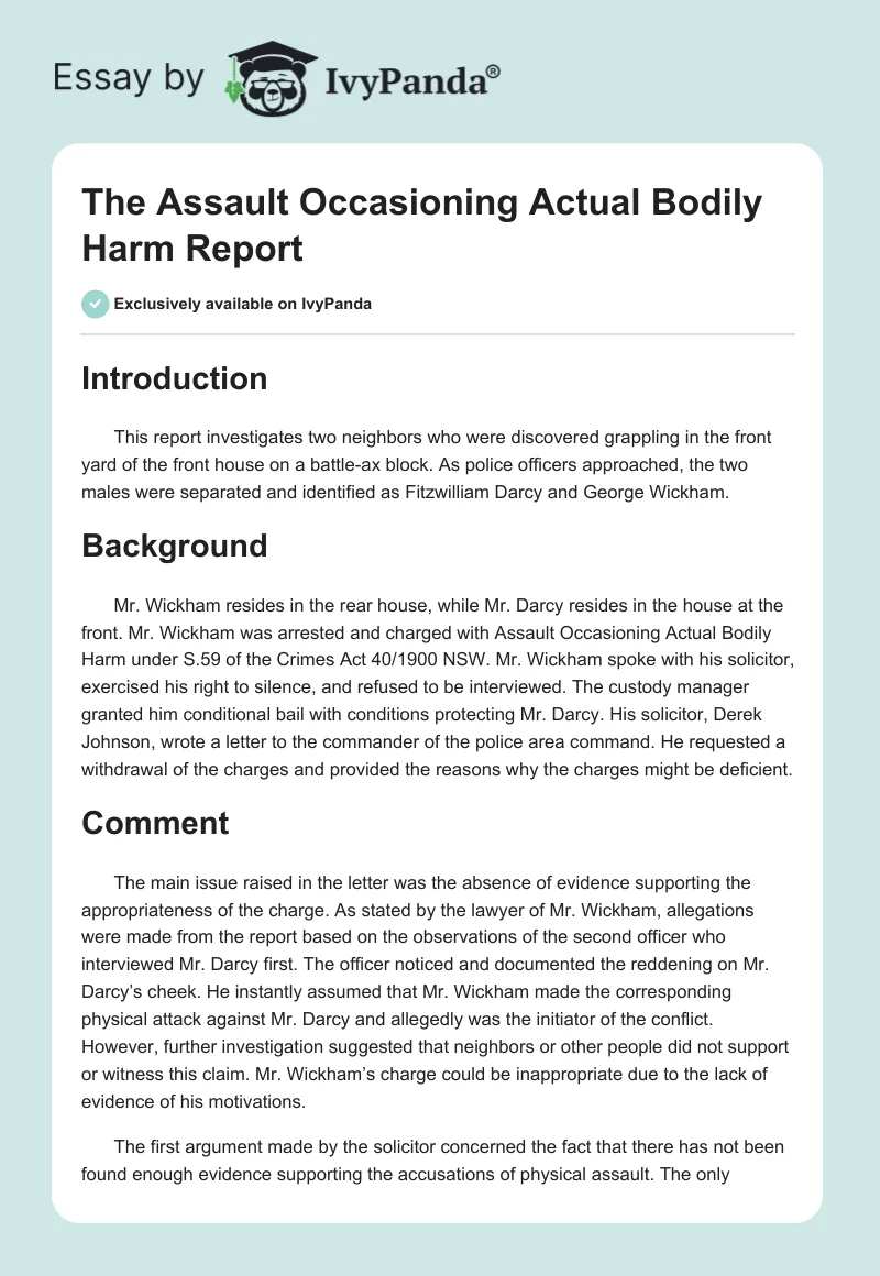 The Assault Occasioning Actual Bodily Harm Report. Page 1