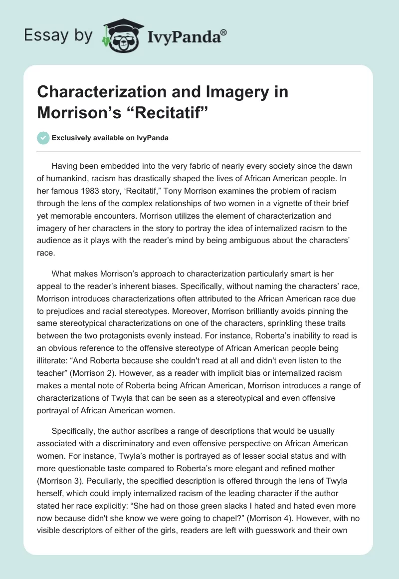 Characterization and Imagery in Morrison’s “Recitatif”. Page 1