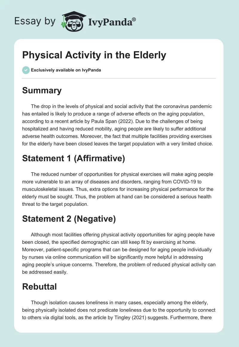 Physical Activity in the Elderly. Page 1