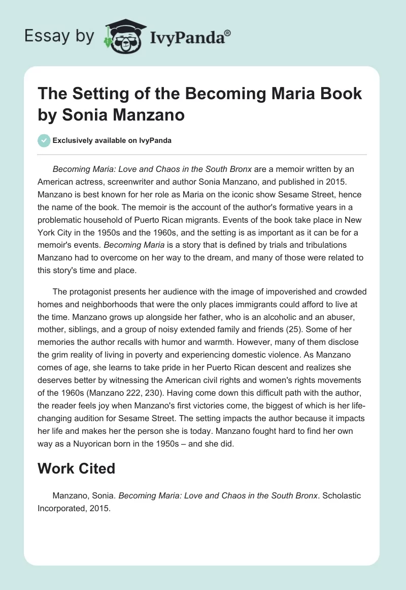 The Setting of the Becoming Maria Book by Sonia Manzano. Page 1
