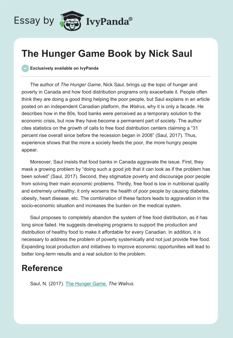 The Hunger Game Book by Nick Saul. Page 1