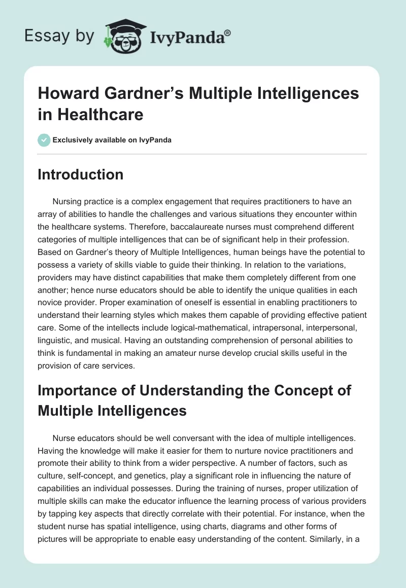 Howard Gardner’s Multiple Intelligences in Healthcare. Page 1
