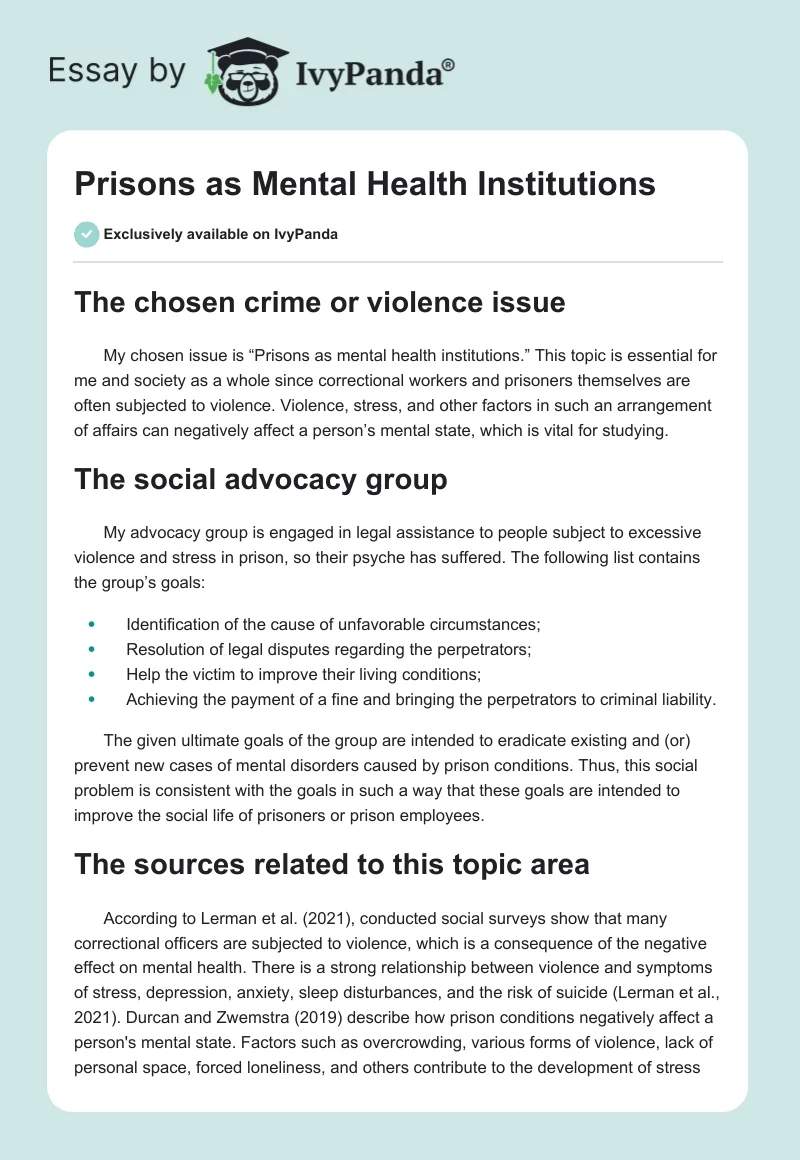 Prisons as Mental Health Institutions. Page 1