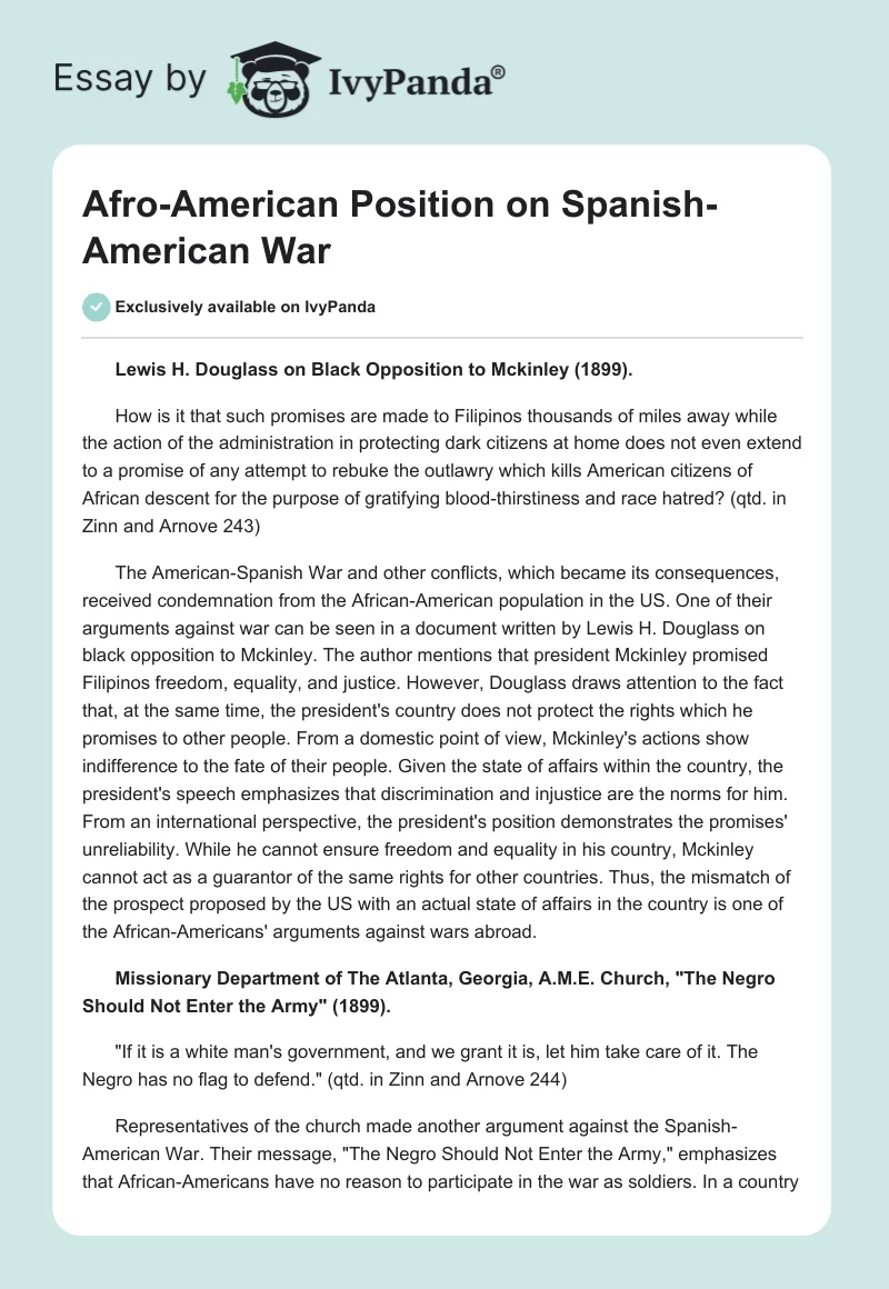 Afro-American Position on Spanish-American War. Page 1