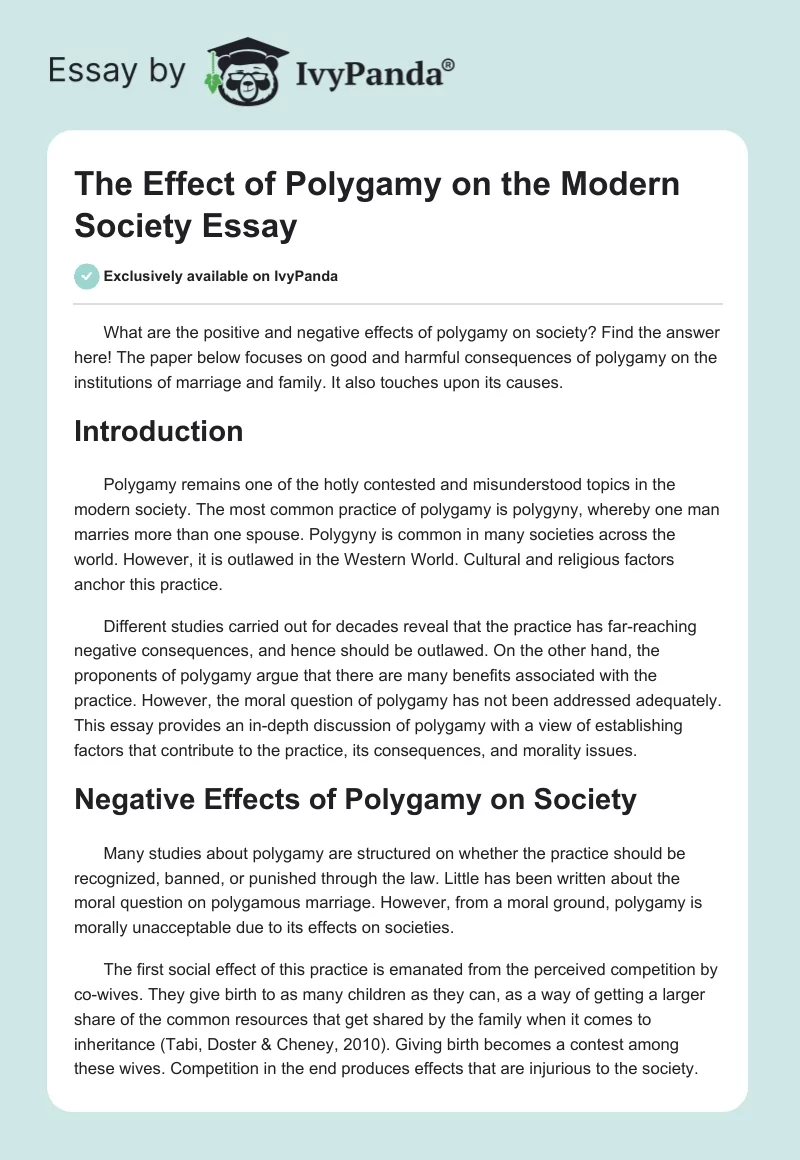 The Effect of Polygamy on the Modern Society Essay. Page 1
