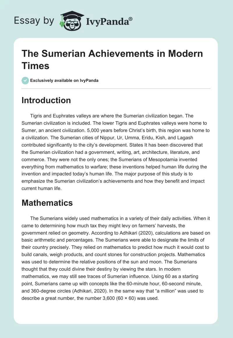 The Sumerian Achievements in Modern Times. Page 1