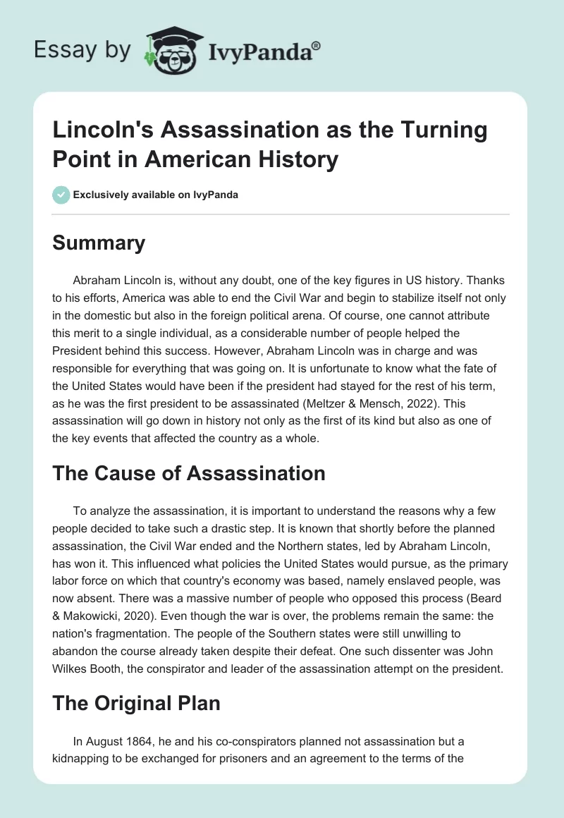 Lincoln's Assassination as the Turning Point in American History. Page 1