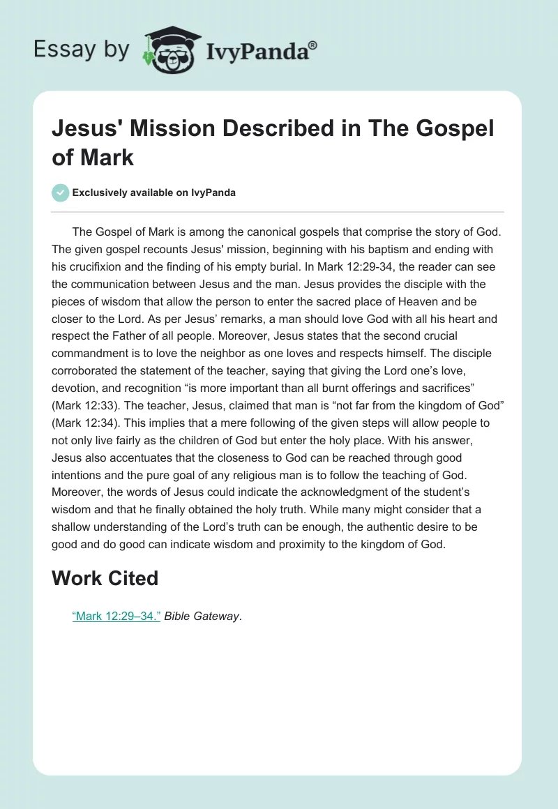 Jesus' Mission Described in The Gospel of Mark. Page 1