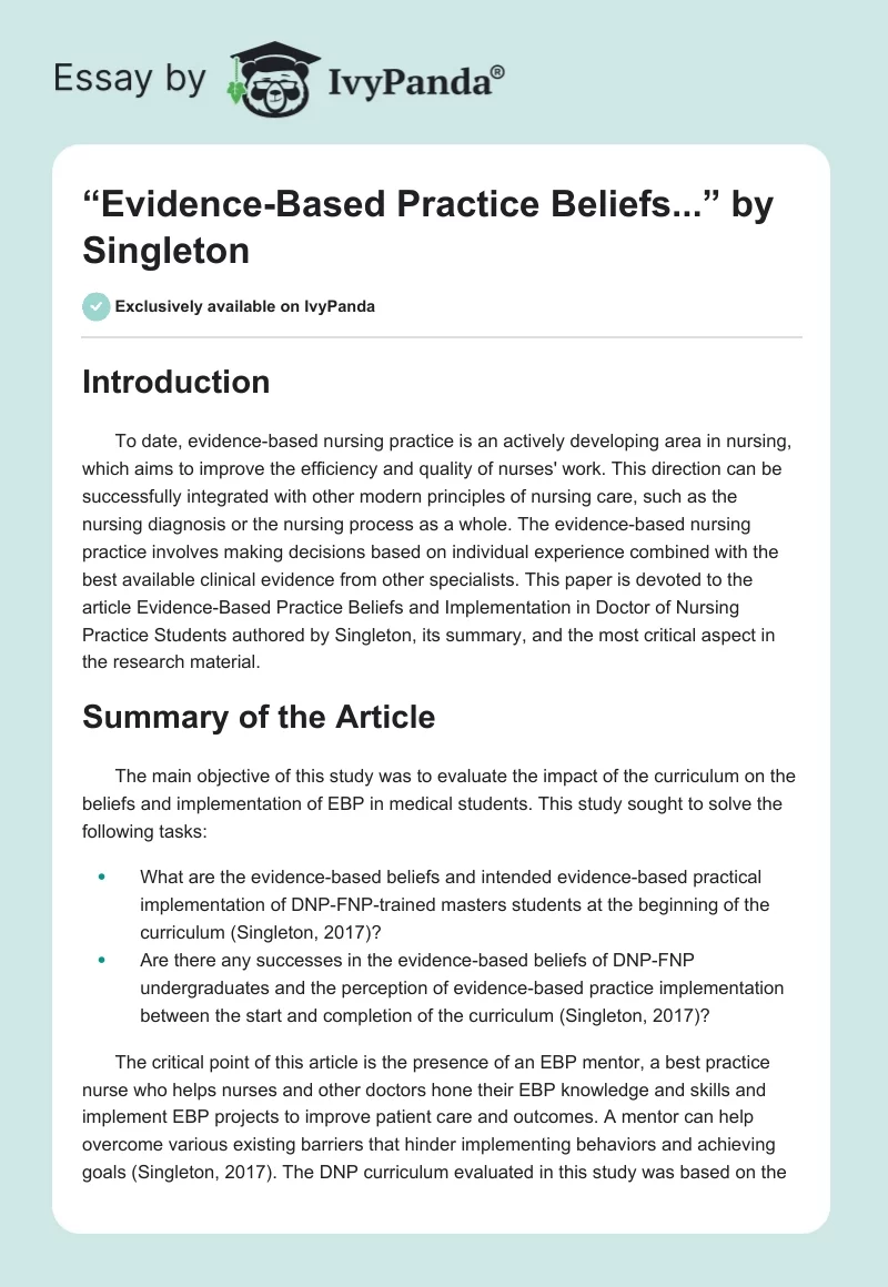 “Evidence-Based Practice Beliefs...” by Singleton. Page 1