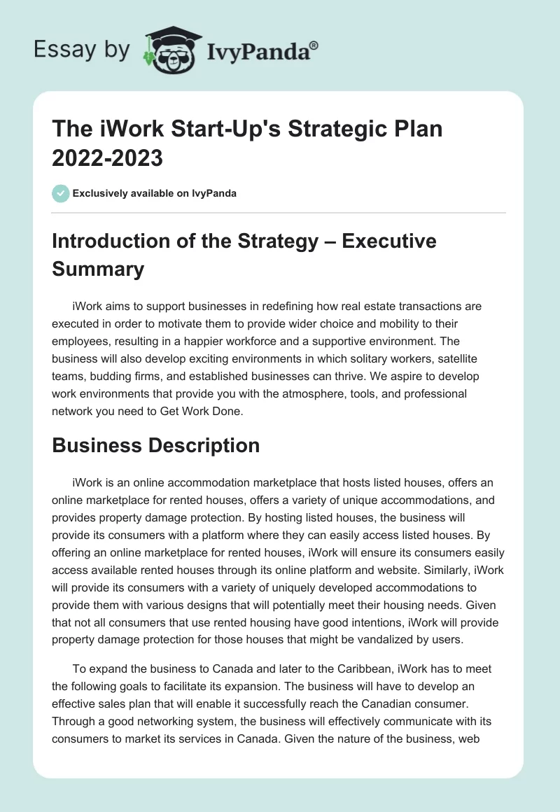 The iWork Start-Up's Strategic Plan 2022-2023. Page 1