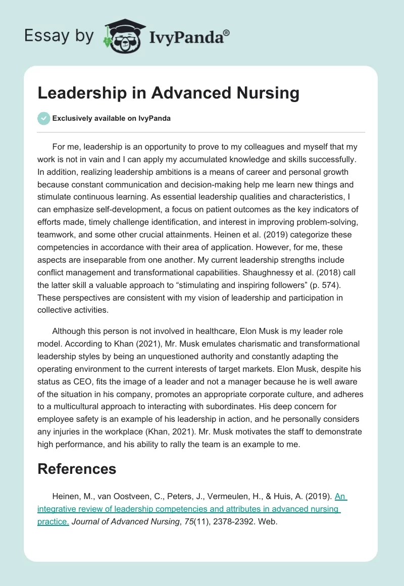 Leadership in Advanced Nursing. Page 1