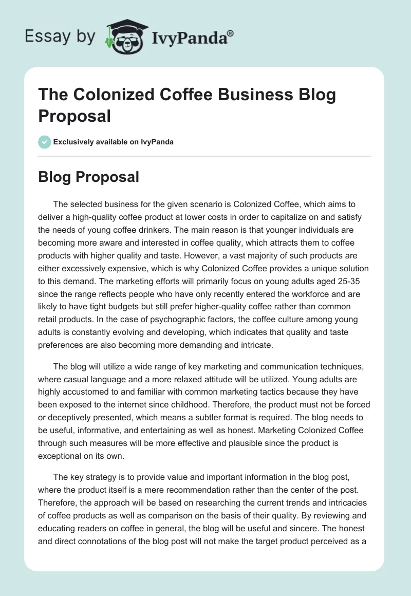 The Colonized Coffee Business Blog Proposal. Page 1