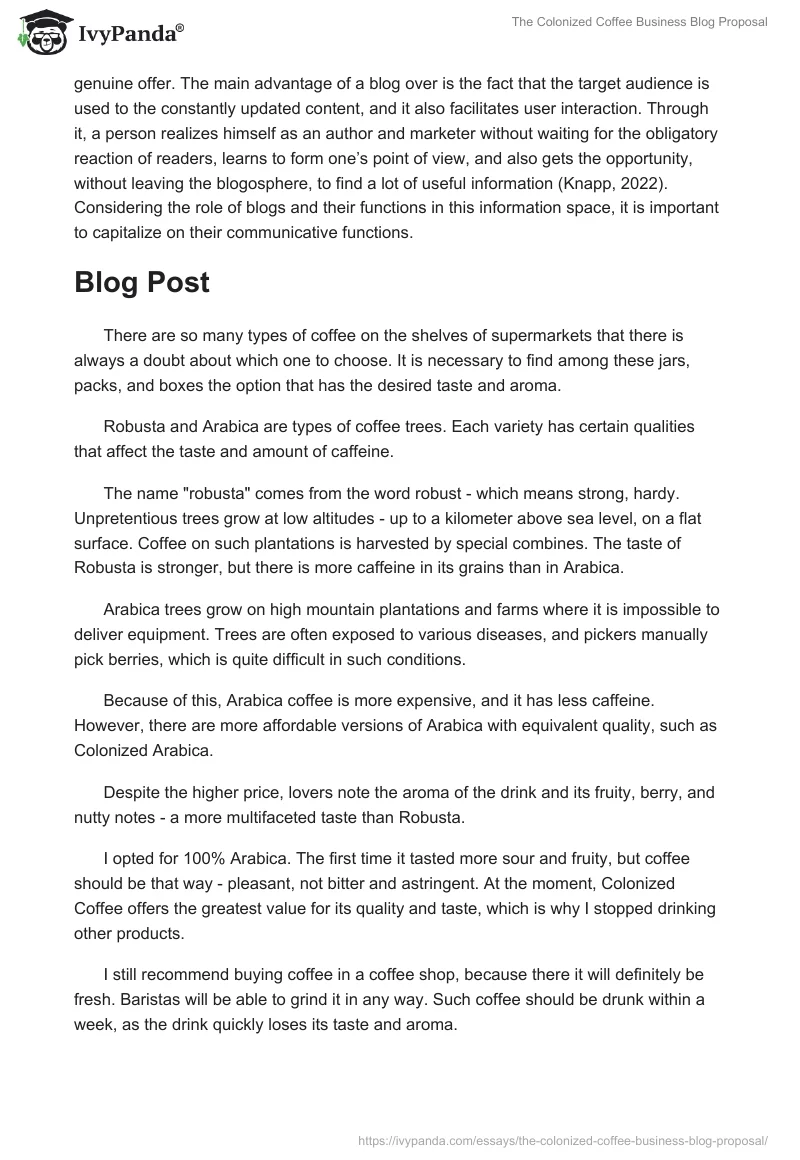 The Colonized Coffee Business Blog Proposal. Page 2