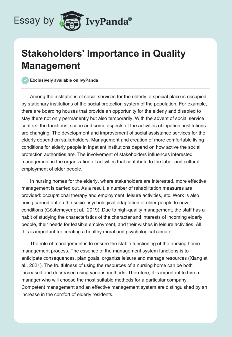 Stakeholders' Importance in Quality Management. Page 1