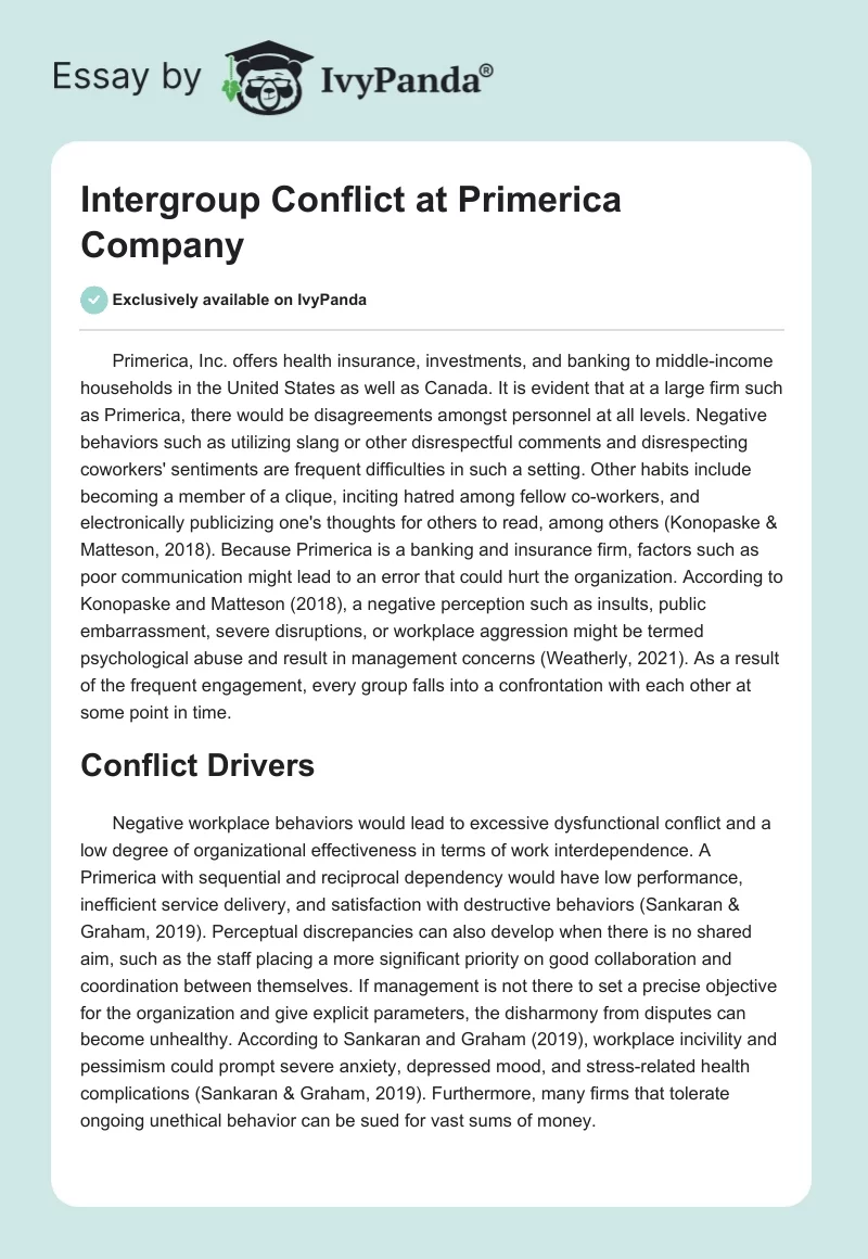 Intergroup Conflict at Primerica Company. Page 1