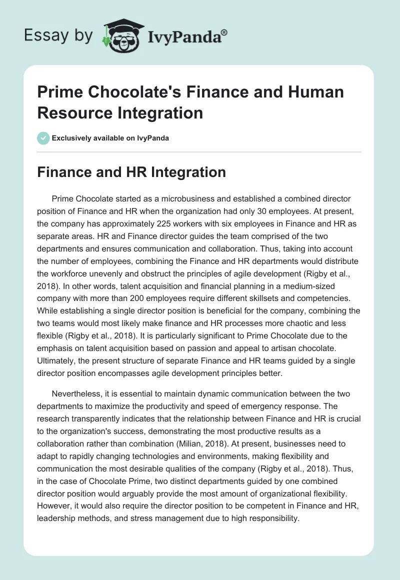 Prime Chocolate's Finance and Human Resource Integration. Page 1