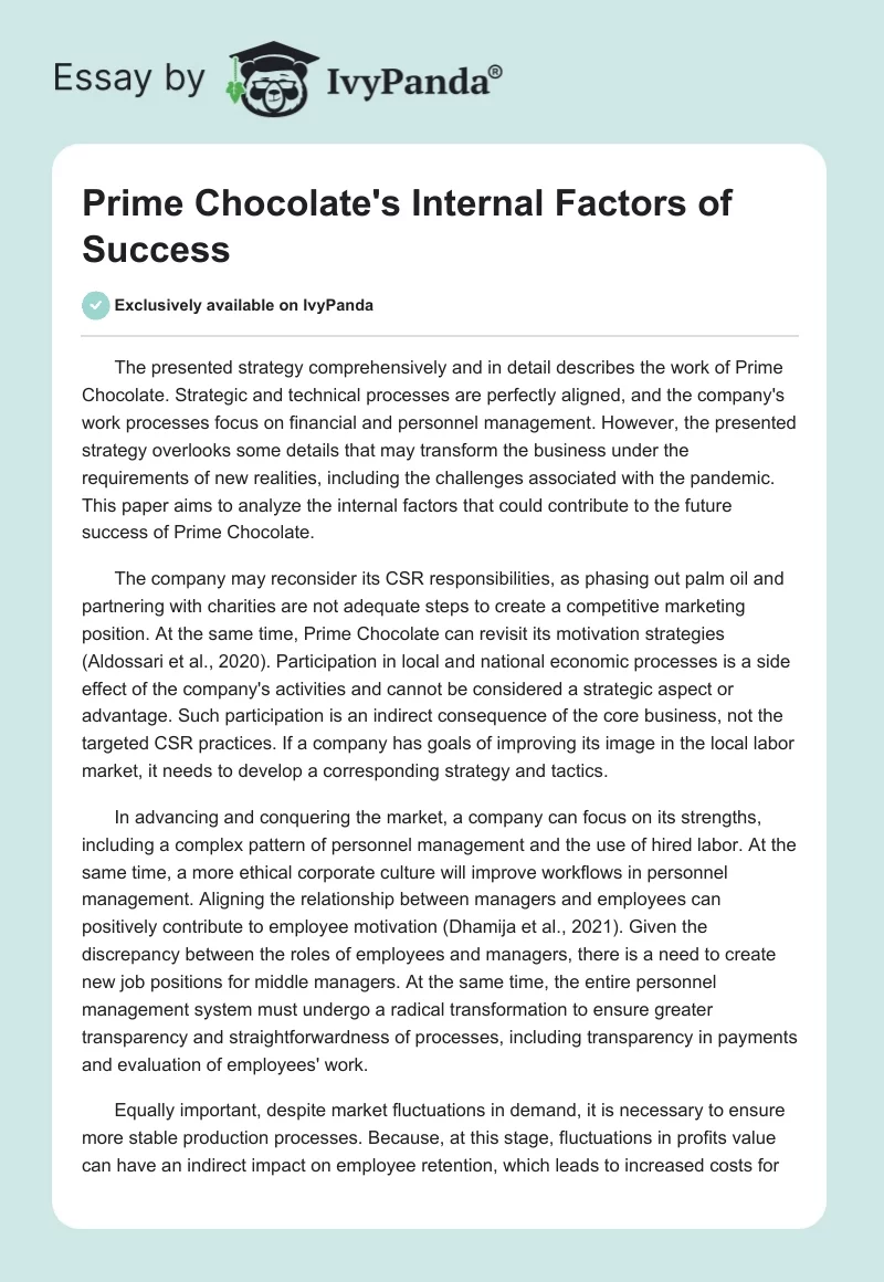 Prime Chocolate's Internal Factors of Success. Page 1