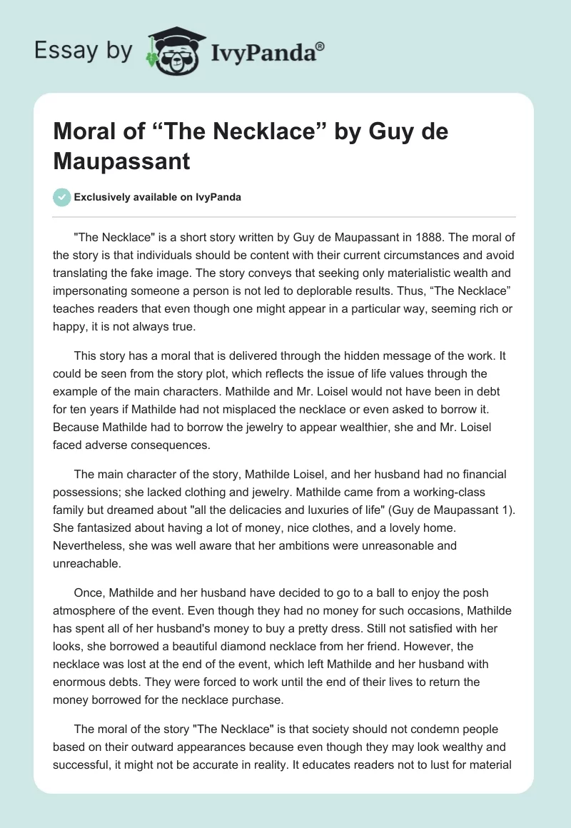 Moral of “The Necklace” by Guy de Maupassant. Page 1