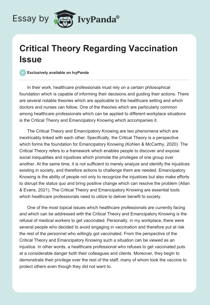Critical Theory Regarding Vaccination Issue. Page 1