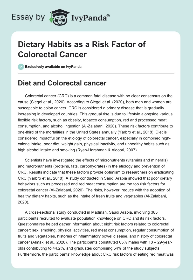 Dietary Habits as a Risk Factor of Colorectal Cancer. Page 1