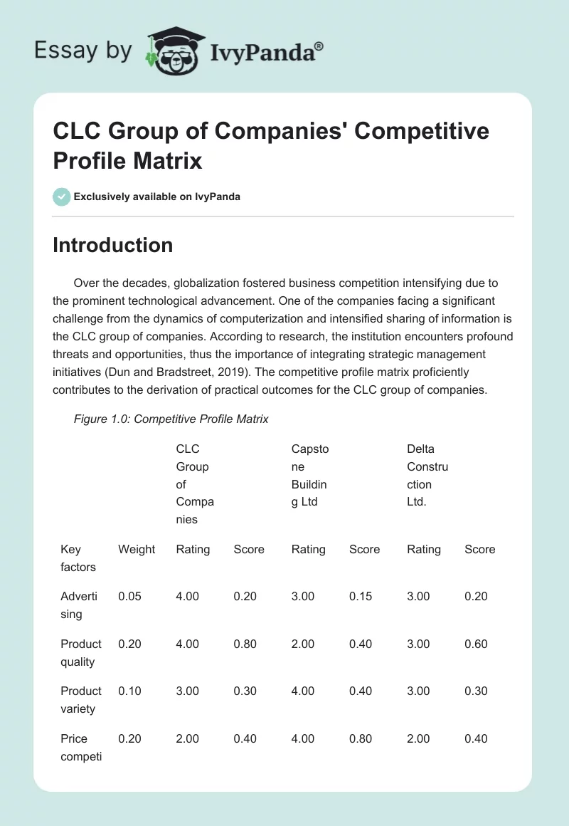 CLC Group of Companies' Competitive Profile Matrix. Page 1