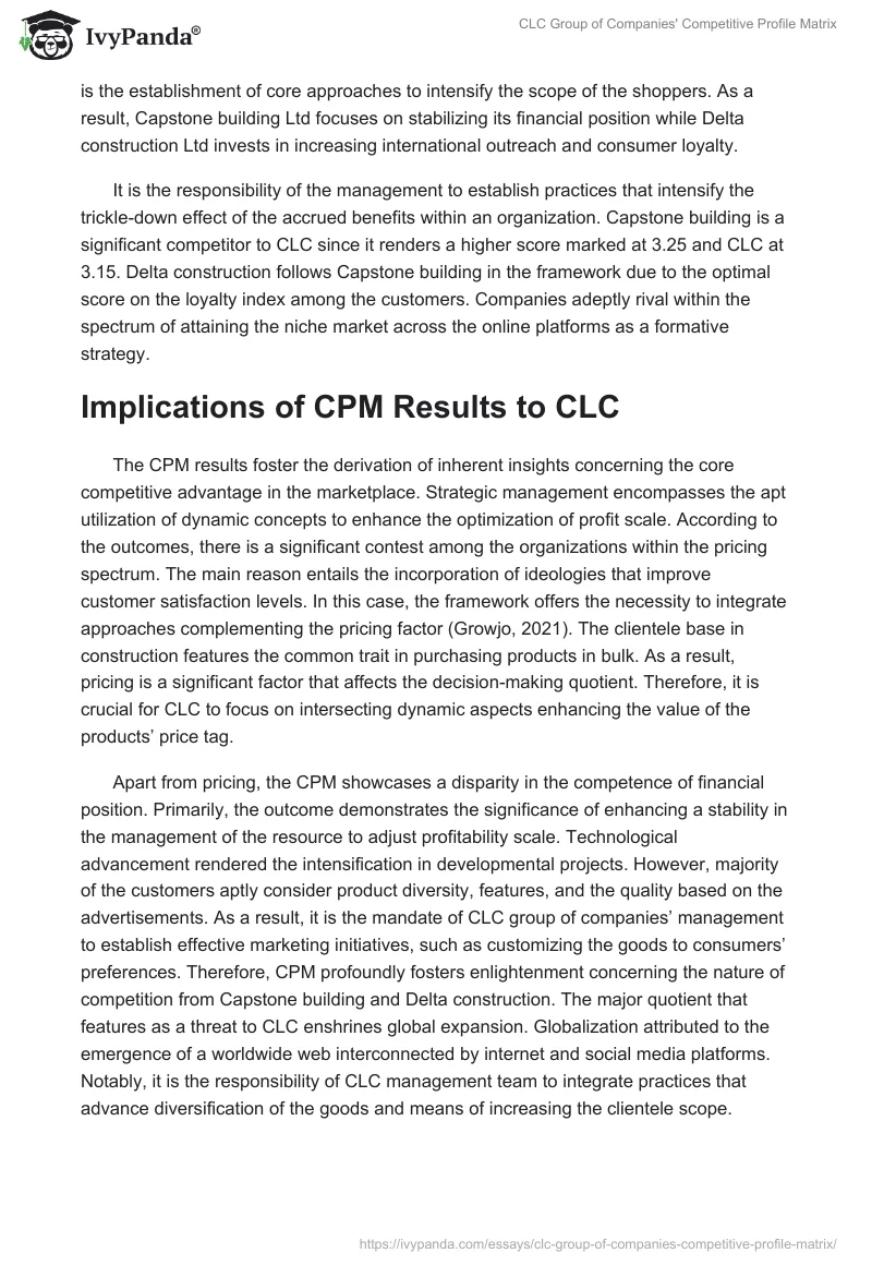 CLC Group of Companies' Competitive Profile Matrix. Page 3