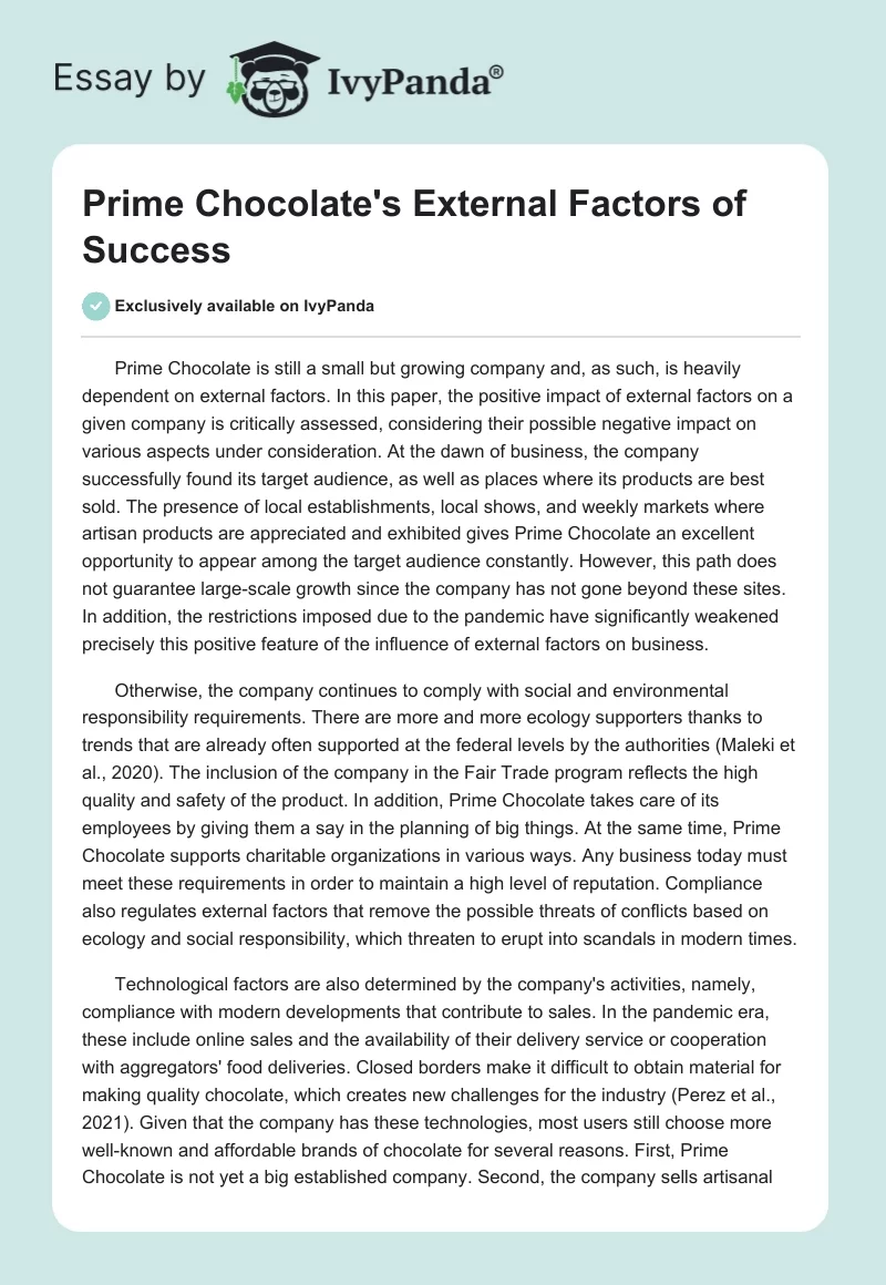 Prime Chocolate's External Factors of Success. Page 1