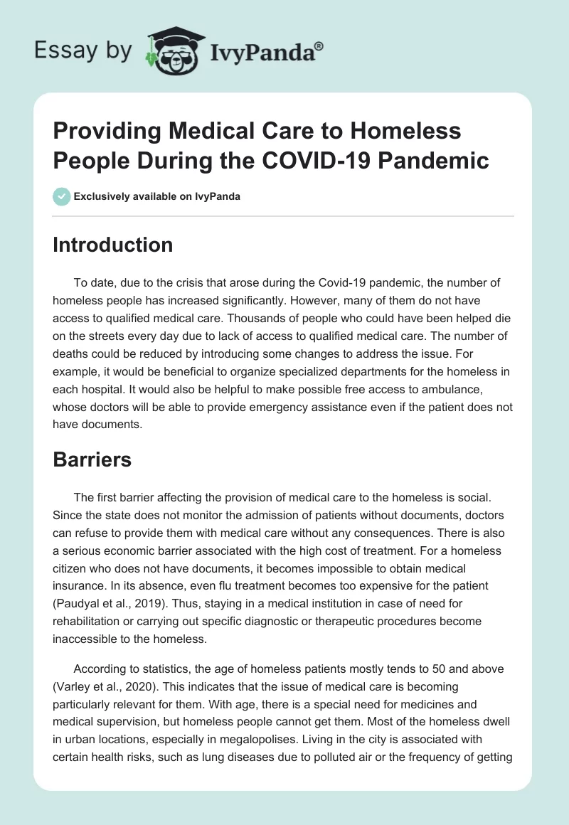 Providing Medical Care to Homeless People During the COVID-19 Pandemic. Page 1