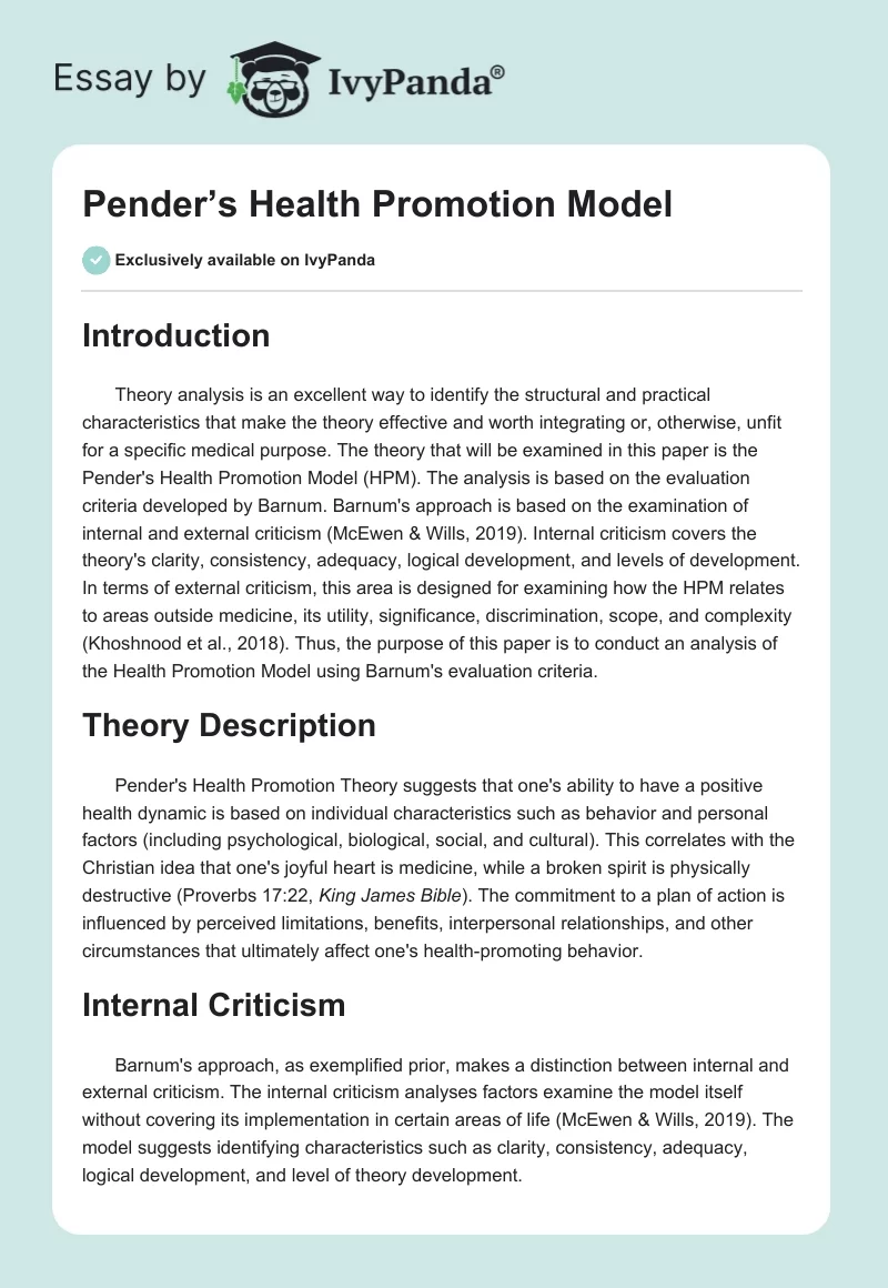 Pender’s Health Promotion Model. Page 1