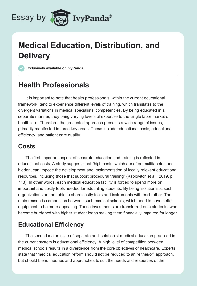 Medical Education, Distribution, and Delivery. Page 1