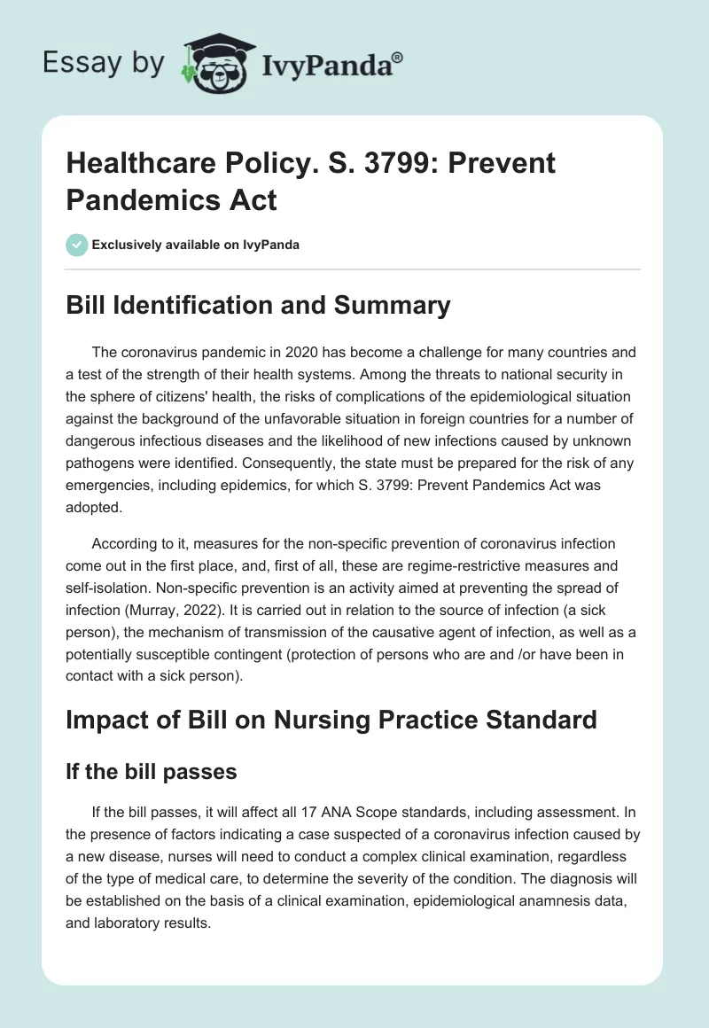 Healthcare Policy. S. 3799: Prevent Pandemics Act. Page 1